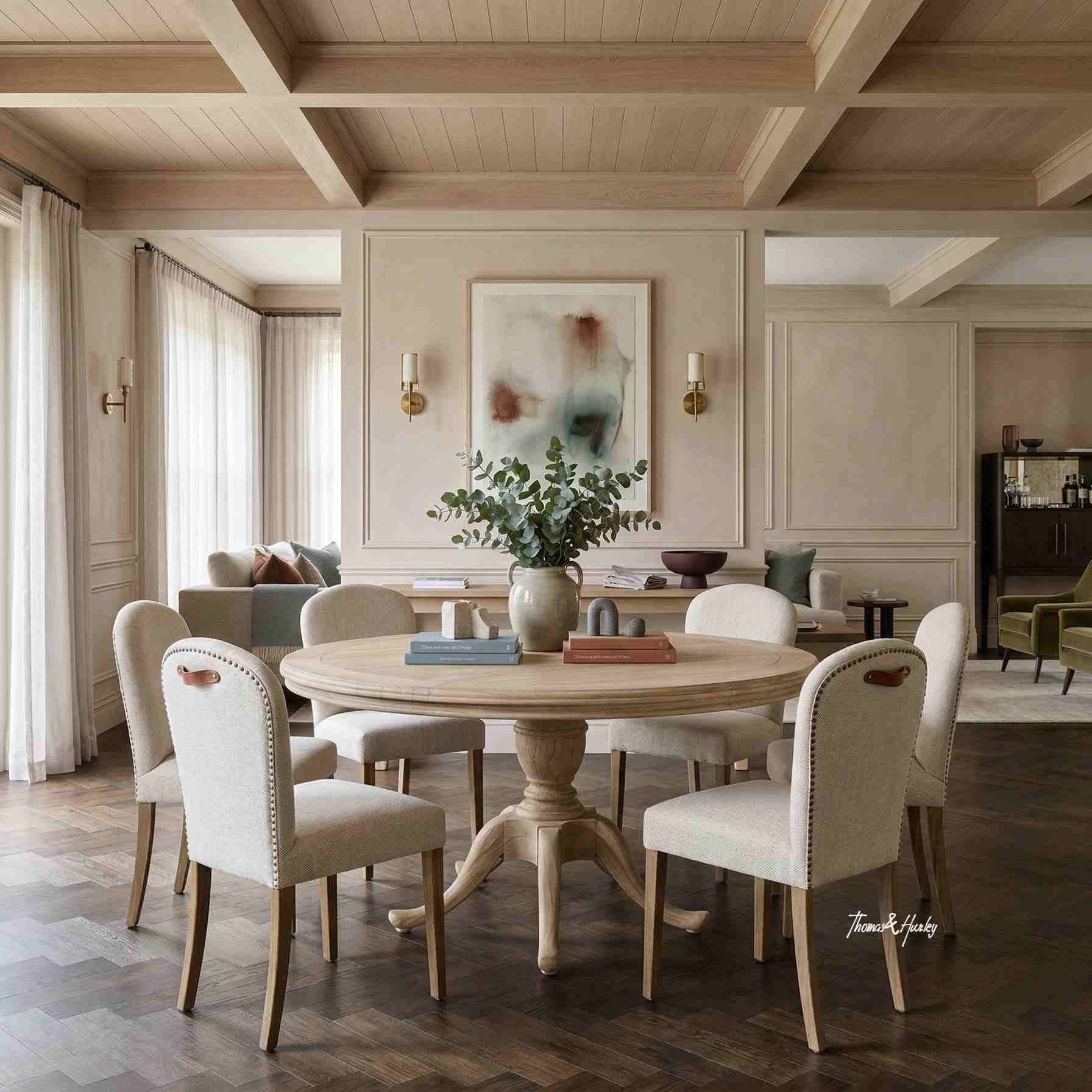 Birkhall round dining table with cabriole feet styled with upholstered Stratford dining chairs in an elegant neutral dining room