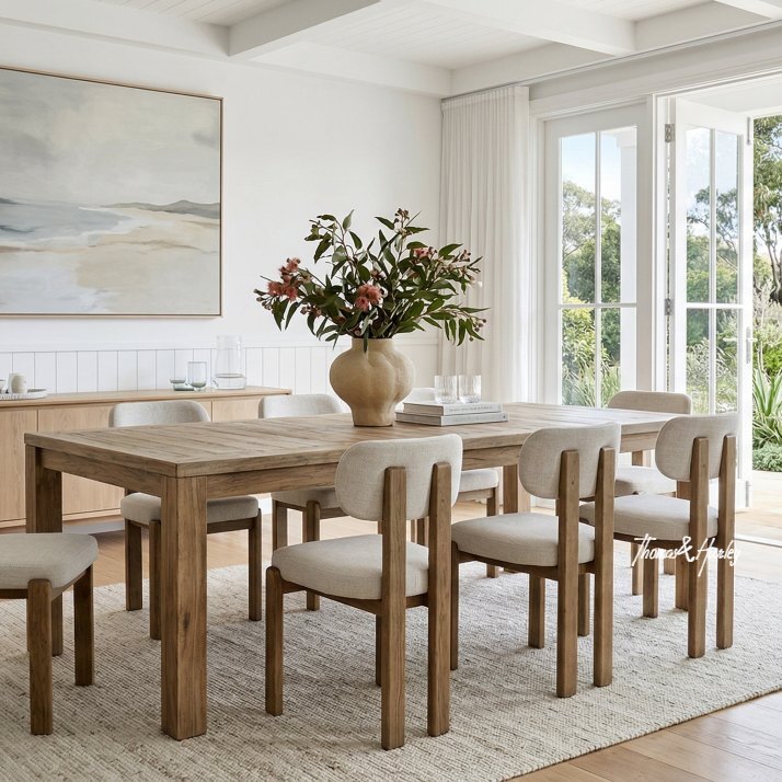 Hartford dining table in natural timber styled with upholstered Stuttgart dining chairs in a light coastal dining room