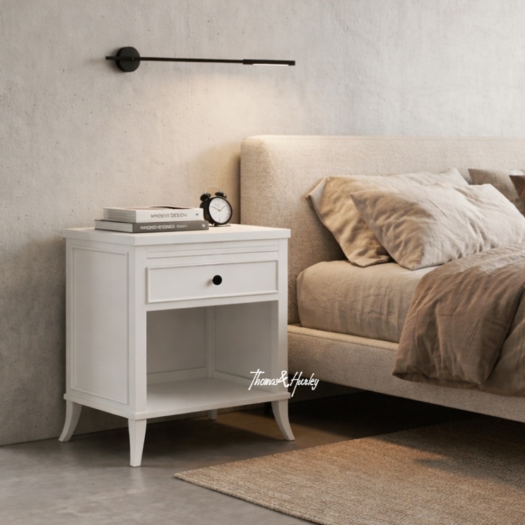 Piastri 1 drawer bedside table in white with hand carved detailing, pull out shelf and open lower storage shelf