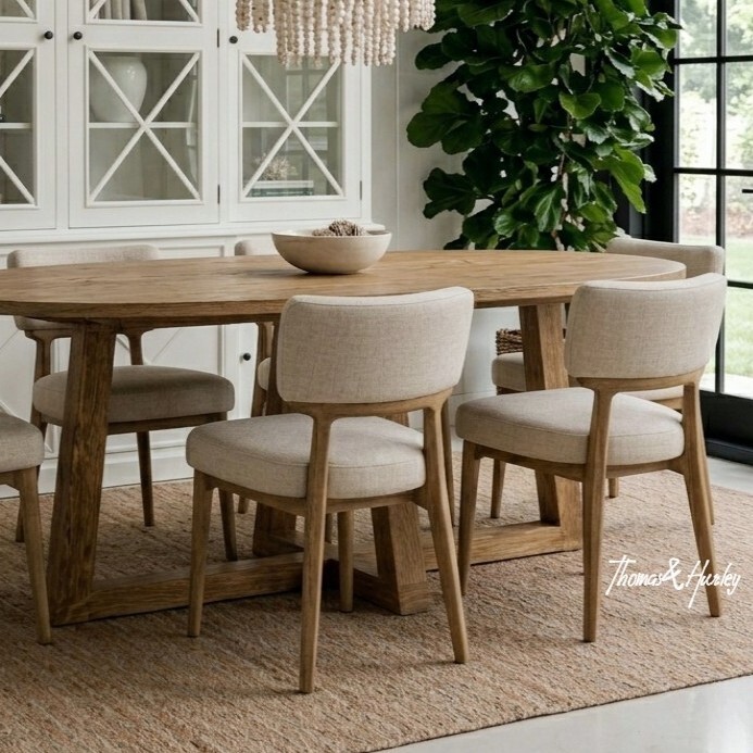 The Royston Dining Chair brings softness and sophistication to contemporary dining spaces through its curved silhouette, natural timber frame, and textured upholstery. Styled within a light filled Australian interior, the chair reflects the growing movement towards warm minimalist and timeless dining room design.