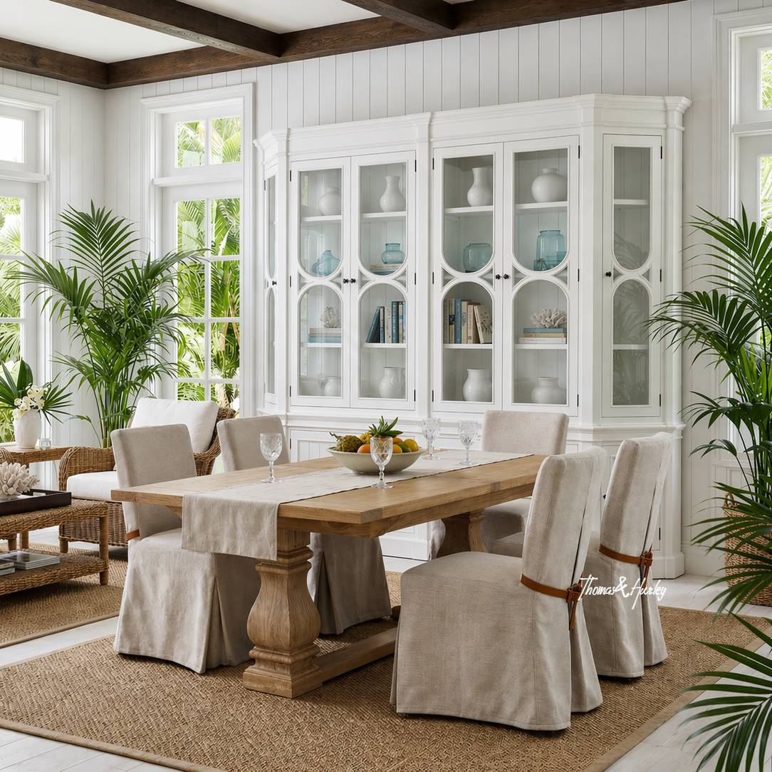 Sandringham double extension dining table with linen slipcover dining chairs in a bright Hamptons-style dining room with white display cabinet