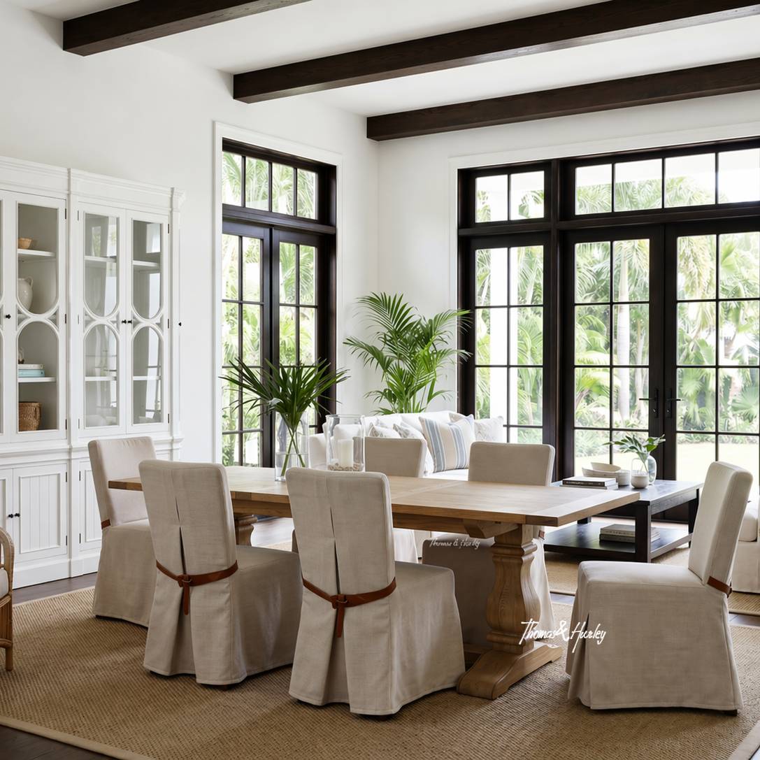 Sandringham double extension dining table in natural timber styled with linen slipcover dining chairs in a bright Hamptons-style dining room